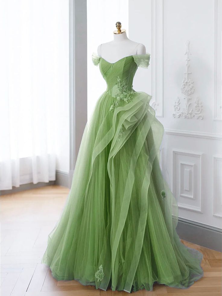 Green A-Line Off Shoulder Long Prom Dress, Green Lace Long Evening Dre ...