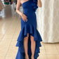Royal blue satin one shoulder long prom dress blue cocktail dress      fg4684