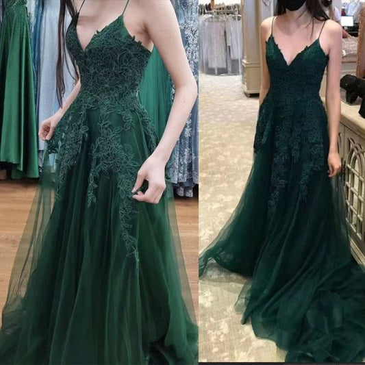 A-Line Emerald Green Lace V Neck Long Prom Dresses Formal Evening Dresses       fg4479