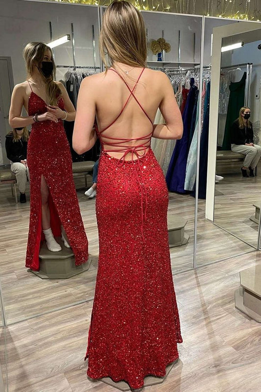 Burgundy Sequins V Neck Backless Mermaid Long Prom Dress with High Slit,Sequin Formal Graduation Evening Dresses       fg4759