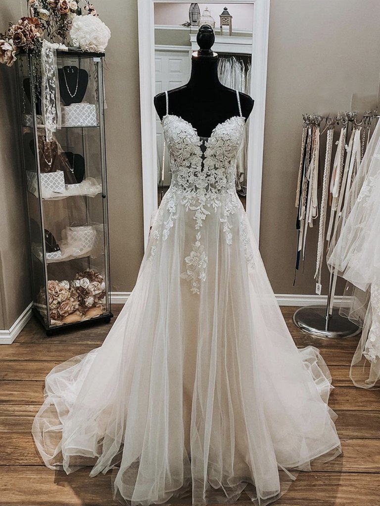 A-line v Neck White Lace Wedding Dresses, V Neck White Lace Formal Pro β formalgowns