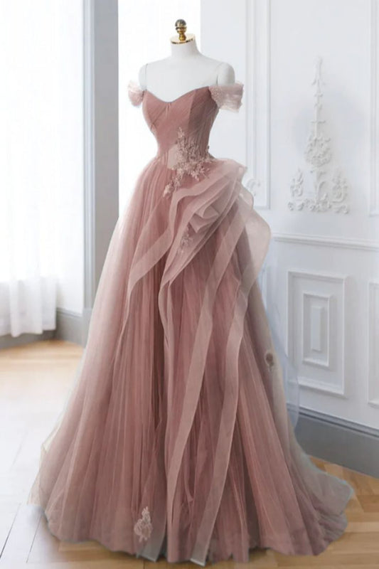 Pink Tulle Off Shoulder Long Prom Dresses with Lace Appliques, Off the Shoulder Pink Formal Dresses, Pink Evening Dresses       fg4919