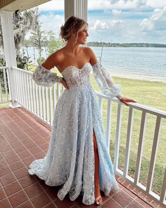 Sparkly A Line Sweetheart Light Blue Sequins Lace Long Prom Dresses with Slit     fg4749