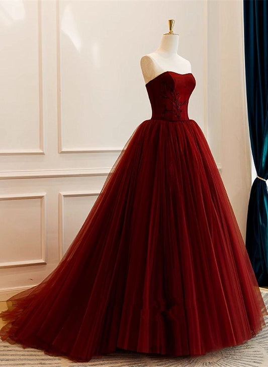 Robe longue de soirée en tulle rouge vin, décolleté plongeant, robe de bal en tulle rouge vin, fg5044