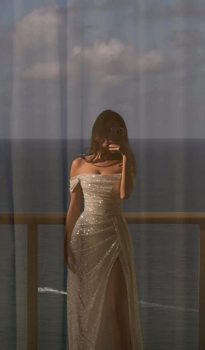 white off the shoulder sequin dress Gianna Off-Shoulder Long Sleeve Gown