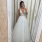 Unique v neck tulle lace long prom dress, tulle lace wedding dress      fg4707