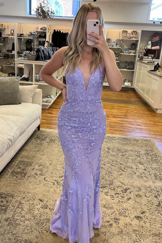 Lavender Appliques Plunge V Backless Mermaid Prom Gown Formal Dresses Long     fg4819