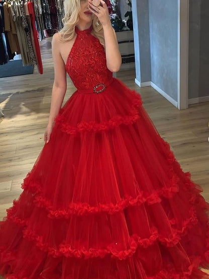 Unique tulle lace long prom dress, Burgundy tulle evening dress       fg4419