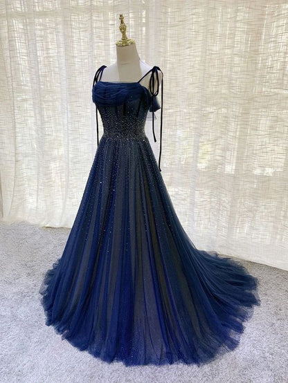 Shiny Navy Blue Tulle Straps Long Prom Dresses Party Dresses, A-line Beaded Prom Dresses      fg5018