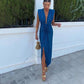 Sexy Blue Evening Dress Slit Deep V Neck Prom Dress     fg5173