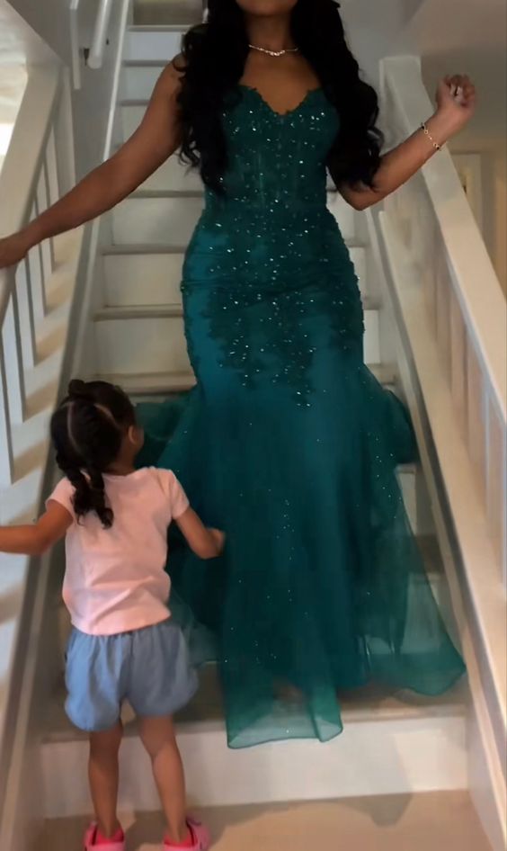 Dark Green Mermaid Tulle Lace Prom Dress Winter Formal Gown      fg4863