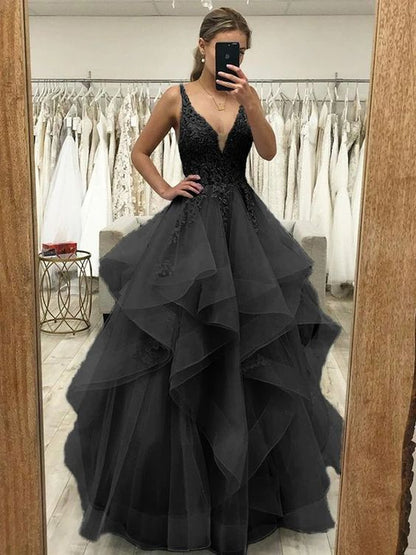 A-Line/Princess Tulle Applique V-neck Sleeveless Floor-Length Dresses – formalgowns
