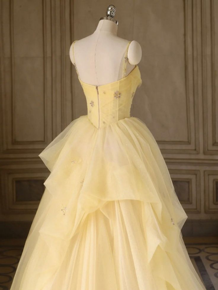 A Line Spaghetti Straps Layered Yellow Long Prom Dresses, Yellow Tulle Formal Evening Dresses, Ball Gown      fg5006