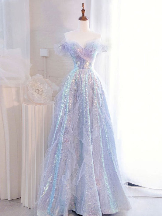 Off Shoulder Sequin Tulle Long Prom Dress, Formal Evening Dresses         fg4970