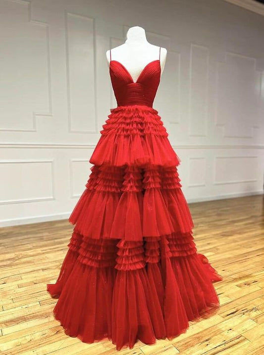 Straps V Neck Red Layered Tulle Long Prom Dresses      fg5135