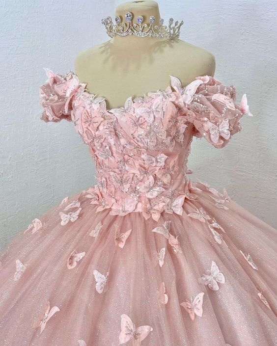 Pink Quinceanera Dresses With Butterflies Girls Sweet 15 Birthday Party Ball Gown Dress     fg4451