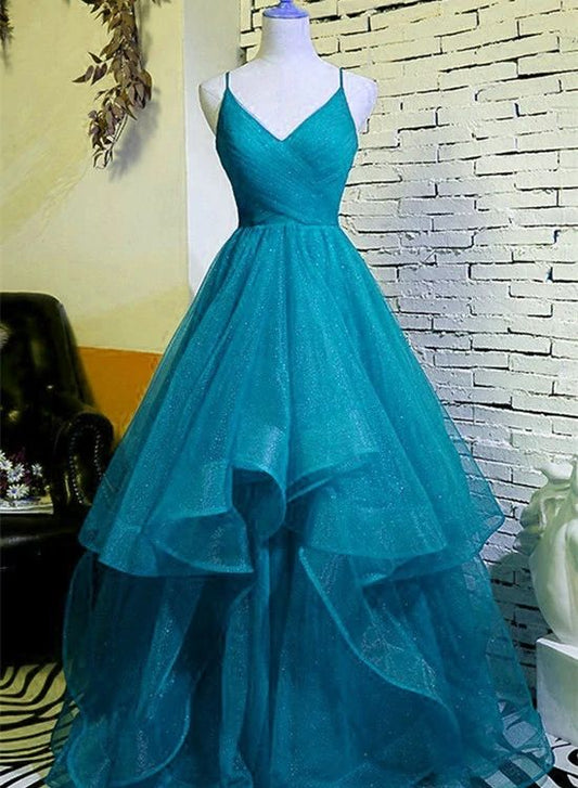 Teal Blue V-neckline Tulle Straps Layers Long Party Dresses, A-line Tulle Prom Dress Party Dress      fg4469