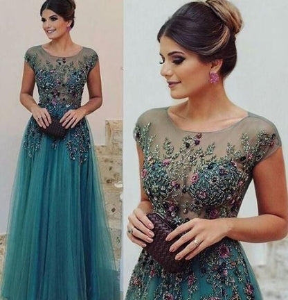 Charming A-line Floor-length Tulle Formal Prom Dresses,Beadings Appliques Evening Dresses      fg4786