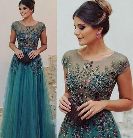 Charming A-line Floor-length Tulle Formal Prom Dresses,Beadings Appliques Evening Dresses      fg4786