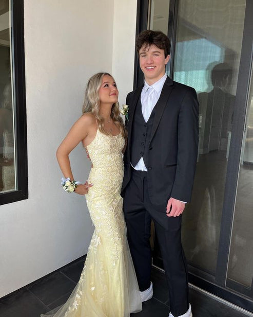 Straps Yellow Long Prom Dresses with Lace Top main image 1