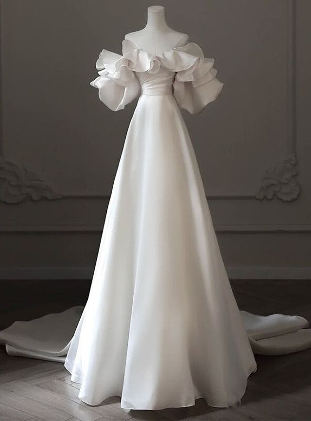 pleats wedding dress A-line Sweetheart Beach Rustic Bridal Gown US16 / Ivory delicate pleats Off the Shoulder Puff Sleeve