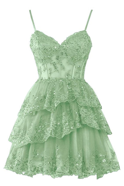 Spaghetti Straps Lace Tulle Homecoming Dresses 2024 Short Applique Cor – formalgowns