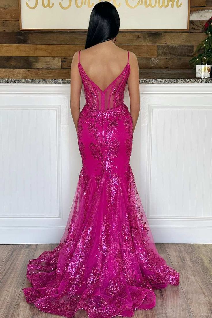 Glitter Magenta Appliques V-Neck Mermaid Long Prom Dress       fg4813