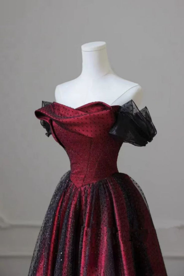Black and Red Off Shoulder Satin Long Prom Dress, Off the Shoulder Par