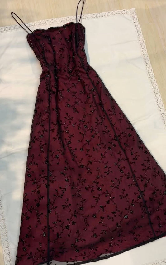 Vintage Burgundy A Line Spaghetti Straps Long Prom Dress Evening Dress      fg5212