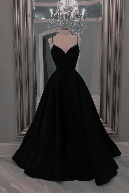 Black Spaghetti Straps Long Prom Dresses A Line Formal Evening Dress     fg5080