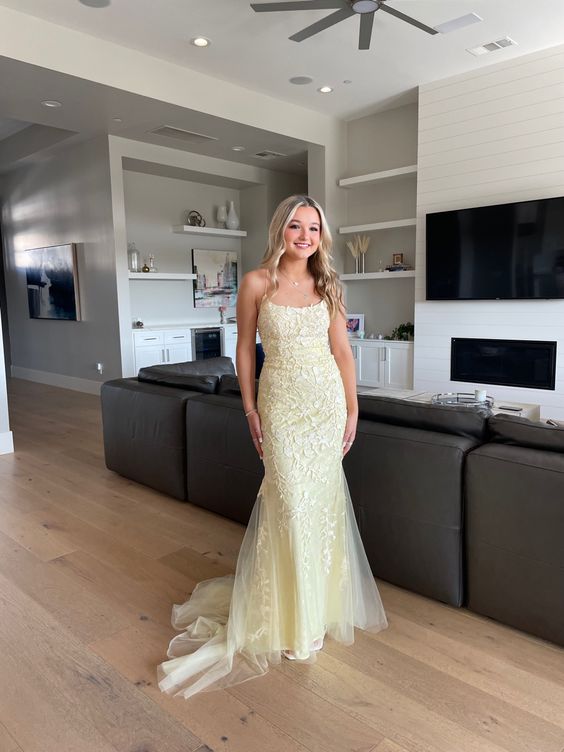 Elegant Yellow Backless Lace Prom Dress,Yellow Formal Gown     fg4830