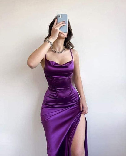 Purple Satin Long Prom Dress with High Slit,Sexy Party Dress       fg4661