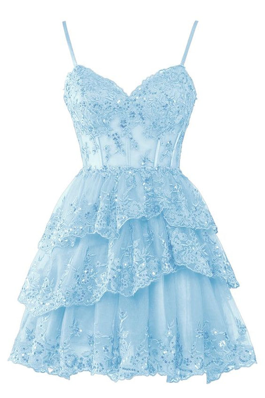 Tulle Homecoming Dresses Short Applique Corset Tiered Formal Party Gowns    fg4365