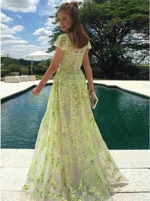 A-Line Lace Cap Sleeves Tulle Long Prom Dress with Appliques       fg4762