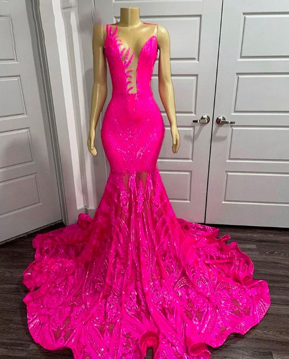 Pink Prom Dresses, Sheer Crew Neck Prom Dresses, Lace Evening Dresses, Sexy Prom Dresses, Fashion Evening Gowns   fg4705