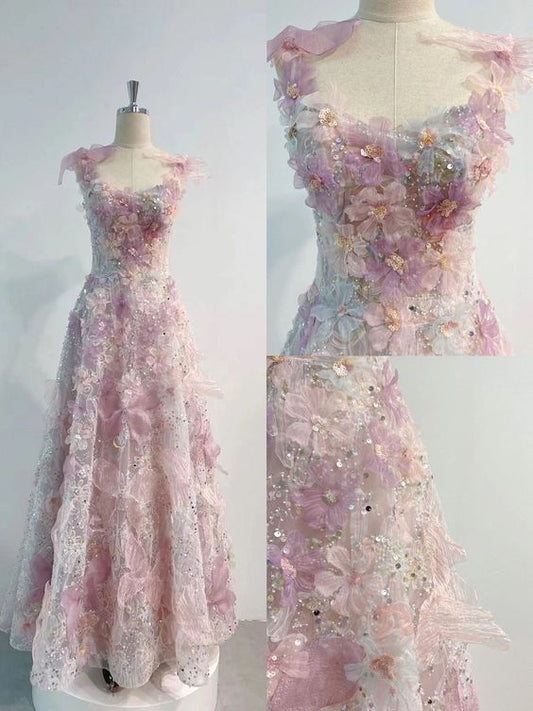 Romantic Pink 3D-Floral Prom Dress Formal Dress pink prom dresses     fg5149