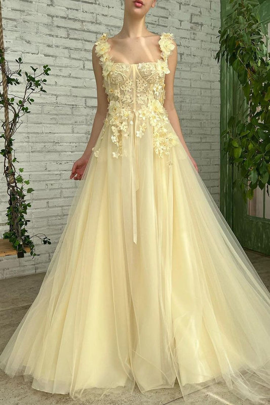 A-line Square Floor-length Sleeveless Open Back Appliques Lace Prom Dress    fg5000