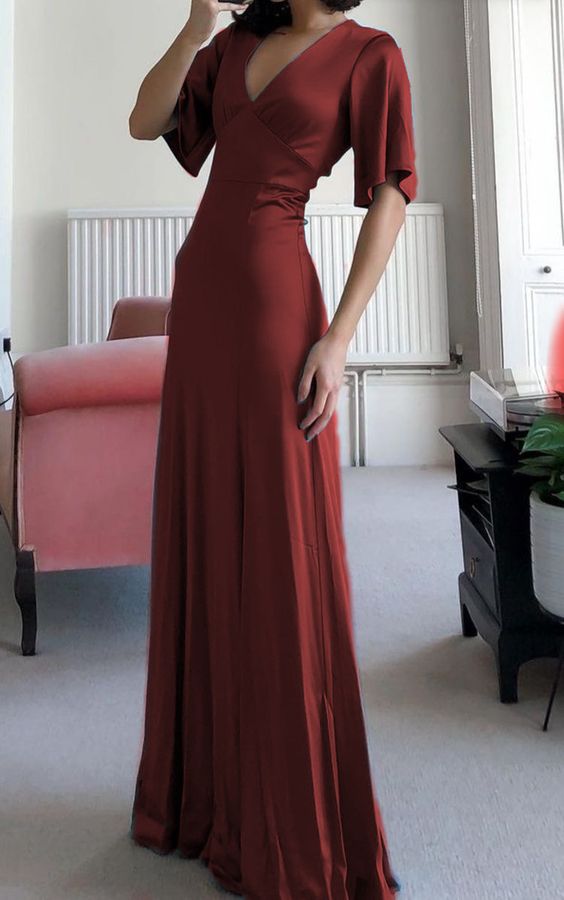 Charming V Neck Evening Dresses Classy Prom Dress with Sleeve      fg4744