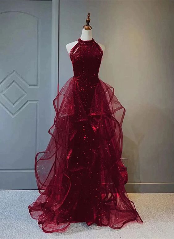 Wine Red Sequins and Tulle Halter Long Prom Dress, Wine Red Evening Dr formalgowns Wine Red Sequins and Tulle Halter Long Prom Dress, Wine Red Evening Dr formalgowns