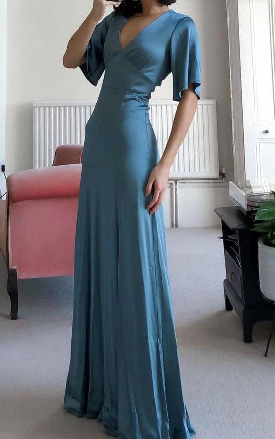 Charming V Neck Evening Dresses Classy Prom Dress with Sleeve      fg4744