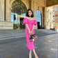Vintage Hot Pink Midi-length Prom Dress,Wedding Guest Outfit   fg4683