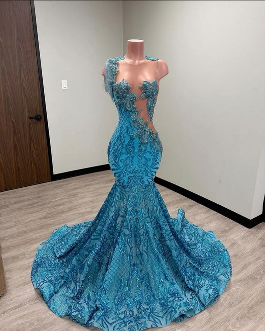 Sparkly Crystal Sequin Blue Asymmetrical Long Mermaid Prom Dress      fg5139