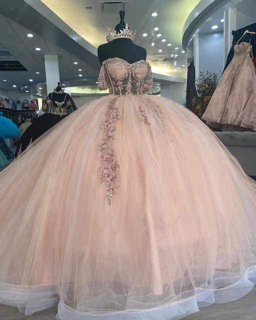 Princess Light Pink Flower Appliques Ball Gown Quinceanera Dress Sweetheart Off Shoulder Party Sweet 15 Party Dress    fg4523