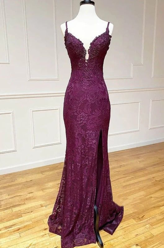 mermaid/trumpet spaghetti straps grape lace beaded long prom dress formal evening dress       fg4801