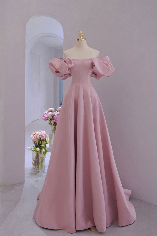Satin Long A-Line Prom Dress, Puff Sleeves Formal Evening Dress      fg5174