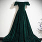 Velvet Off Shoulder Long Party Dress, Green A-line Prom Dress      fg4940