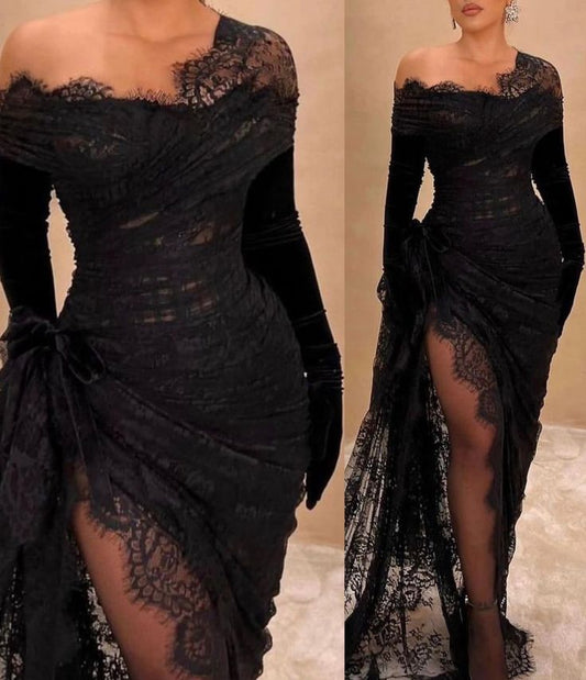 Modern evening dresses long black | Lace prom dresses with sleeves     fg5160