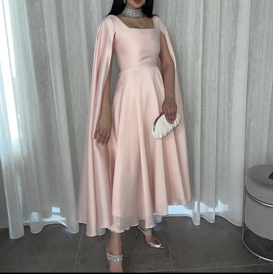 Elegant Long Pink Prom Dresses A Line Chiffon Cape Ankle Length Short Party Gown for Women   fg4634