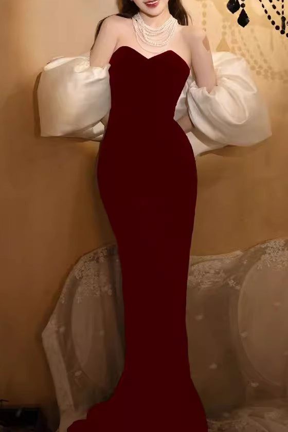 Burgundy Sweetheart Mermaid Velvet Prom Dress With Removable Sleeves f formalgowns Burgundy Sweetheart Mermaid Velvet Prom Dress With Removable Sleeves f formalgowns
