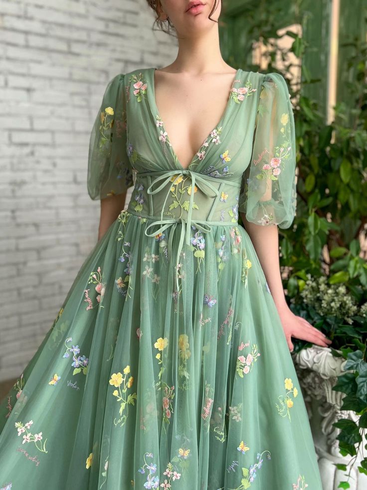 green v neck tulle lace long prom dress, green tulle formal dress     fg4477